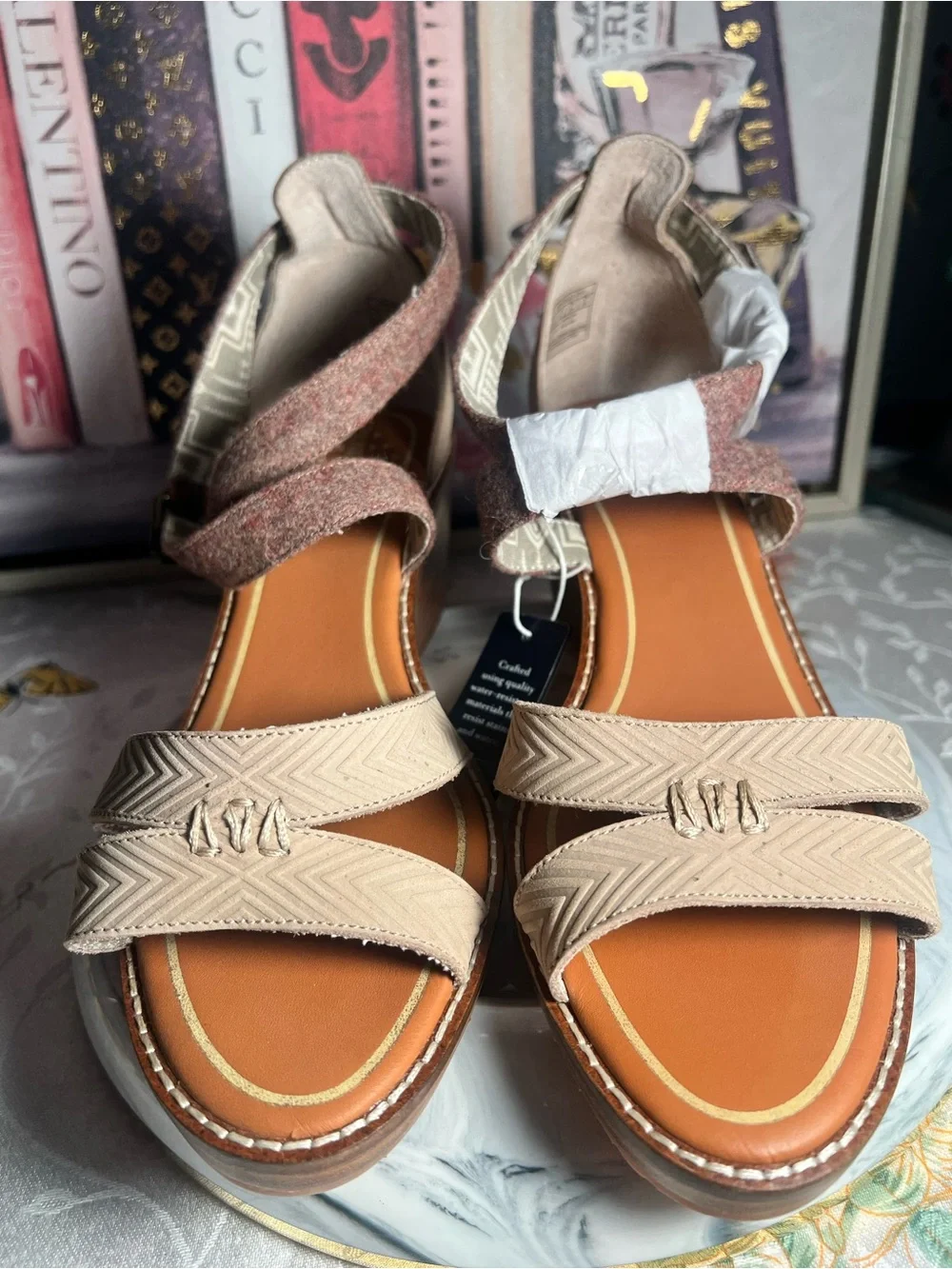 Pendleton Tan and Brown Crisscross Wedge Sandals